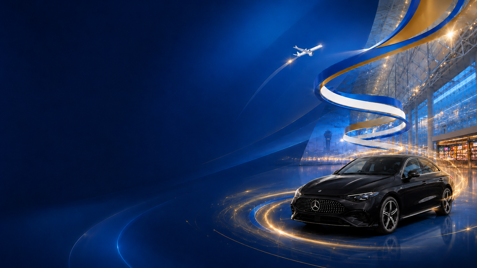ภาพแคมเปญ THE WONDER IN MOTION พร้อม Mercedes-Benz CLA 250+ Electric สีดำ ริบบิ้นสี่สี และท่าอากาศยานสุวรรณภูมิ